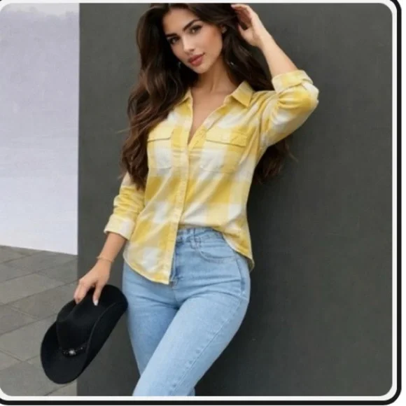 American Eagle Outfitters yellow and white plaid flannel shirt. NWT size S - Picture 2 of 6